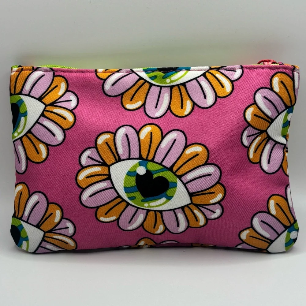 IPSY Pink Graphic Floral Eye Makeup Bag Neon Zipper NWOT